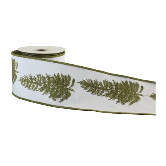 Melrose 4" x 5yd. Green & White Embroidered Pine Branch Wired Ribbon